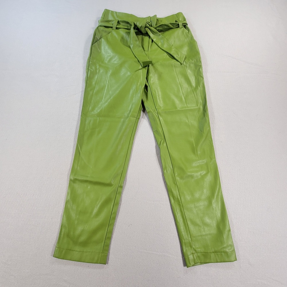 New York & Company Faux Leather Paperbag Pants Lime Green Women's Size 8 NWT - Picture 2 of 10